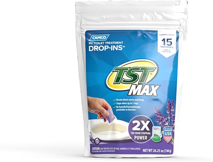 Camco TST MAX RV Toilet Treatment Drop-INs | Control Unwanted Odors and Break Down Waste and Tissue | Septic Tank Safe | Lavender Scent | 30-pack (41559)