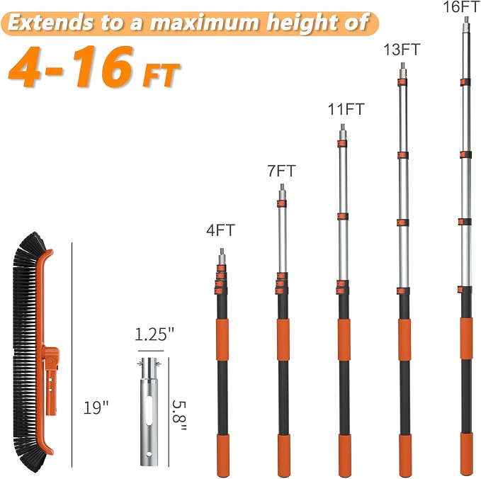 Buyplus 16FT Telescoping Pool Pole with Brush, Heavy Duty Reinforced Aluminum Telescopic Pole Adjusts 4-16 Feet, Includes 19" Swimming Pool Brush Head, Universal Fit for Skimmer Net, Vacuum Head