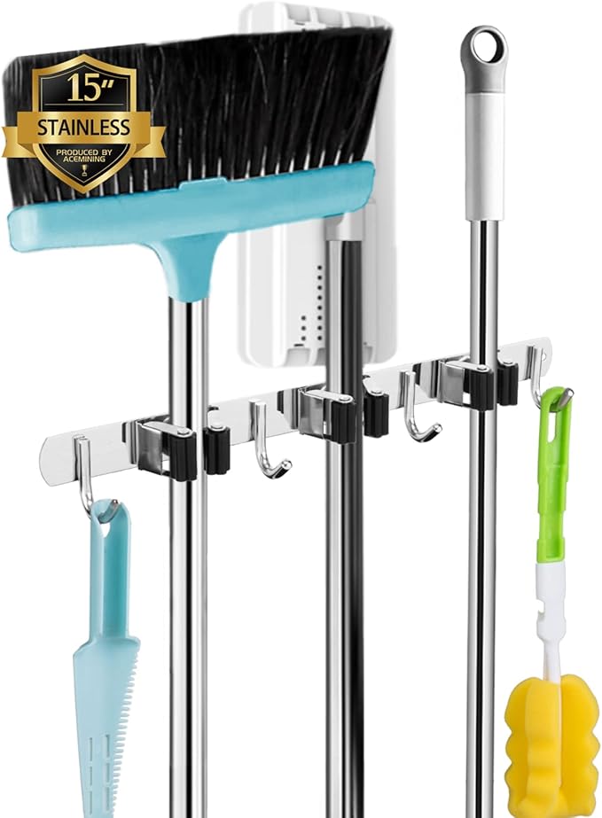 3 Racks and 4 Hooks & Black 5 Racks and 4 Hooks Broom and Mop Holder Wall Mounted Garage Organizer Storage Tool Racks Stainless Steel Heavy Duty Hooks Self Adhesive Solid Non-slip Wall Hangers