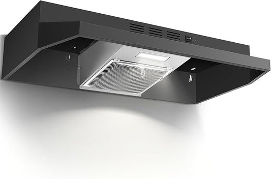 24 inch Range Hood Under Cabinet, Black Kitchen Hood 280CFM, Ducted/Ductless Vent Hood with Rocker Button Control, Stove Hood with 2 Speeds Fan, Bright LED Light