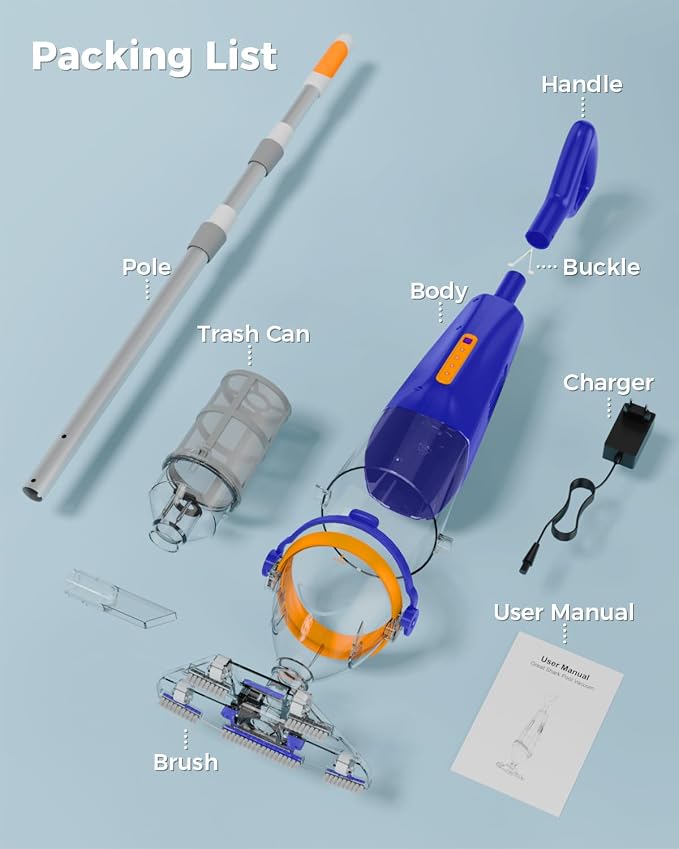 Great Shark Cordless Pool Vacuum with Remote Power Switch, 1.8m Telescopic Pole, 75 Min Runtime, 18 GPM Suction, Handheld Pool Vacuum for Above Ground & Inground Pools, Spa & Hot Tub