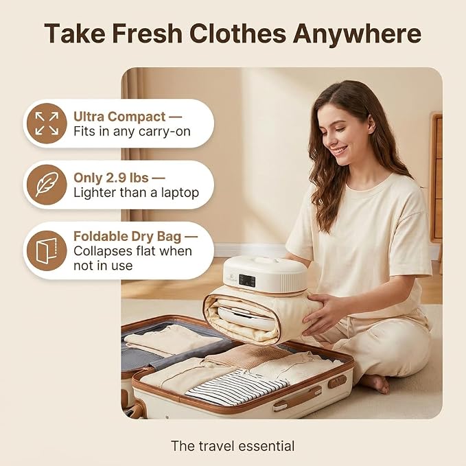 Portable Clothes Dryer for Travel – Compact Foldable Electric Drying Machine with Dry Bag & Timer – Fast-Drying for Apartments, RV, Dorm – Clothes, Underwear, Socks – Quiet & Energy Efficient