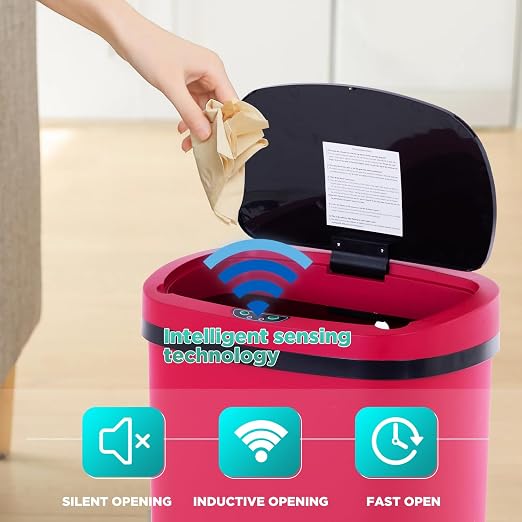 BestOffice | 13 Gallon Plastic Trash Can with Lid | Red | Automatic Touchless Garbage Can | Odor Control | Modern Oval Design | Easy to Clean | Fits Any Kitchen, Bathroom, Office or Home