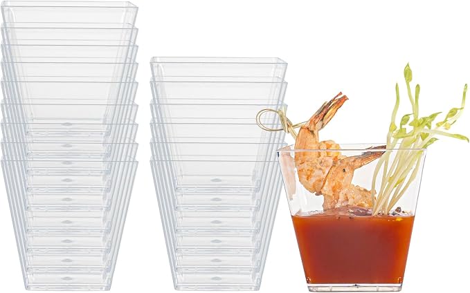 Restaurantware-5 Ounce Kova Cups, 20 Square Medium Appetizer Cups - Durable, Disposable, Clear Plastic Parfait Cup, Serve Mousse, Puddings, Or Samples, For Weddings Or Parties
