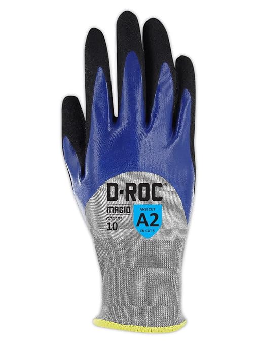 MAGID Lightweight Cut Resistant Double Dipped Sandy Nitrile Coated Work Gloves Nitrile Coated HPPE Safety Gloves for Appliance and Automotive Manufacturing (GPD295) - Blue/Black/Gray, Size 6 (3 Pair)