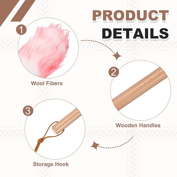 uxcell Wool Duster, 14.2" Natural Feather Cleaner Household Cleaning Duster with Solid Wooden Handle for Cleaning Fans Window Blinds Shelves Furniture, White Pink