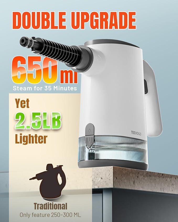 Handheld Steam Cleaner for Home, 3s Instant Heat Pressurized Steamer with 650ML Long-Lasting Tank – Lightweight Portable for Kitchen, Grout, Pet Stains, Couch, Car, Bathroom, Tile, Oven, BBQ Grill