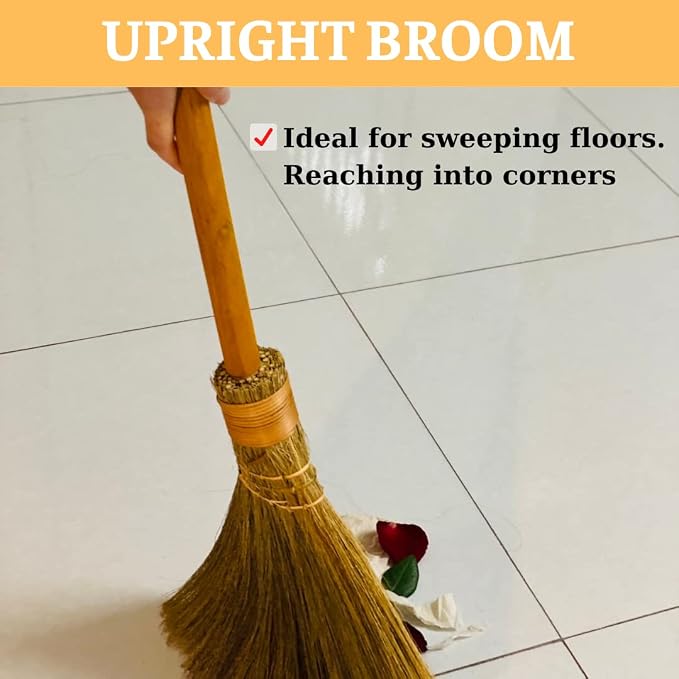 Handmade Whisk Sweeping Orange Broom - Vietnamese Straw Soft Broom - Brooms Decorative 12.2" Width, 28.35" Length