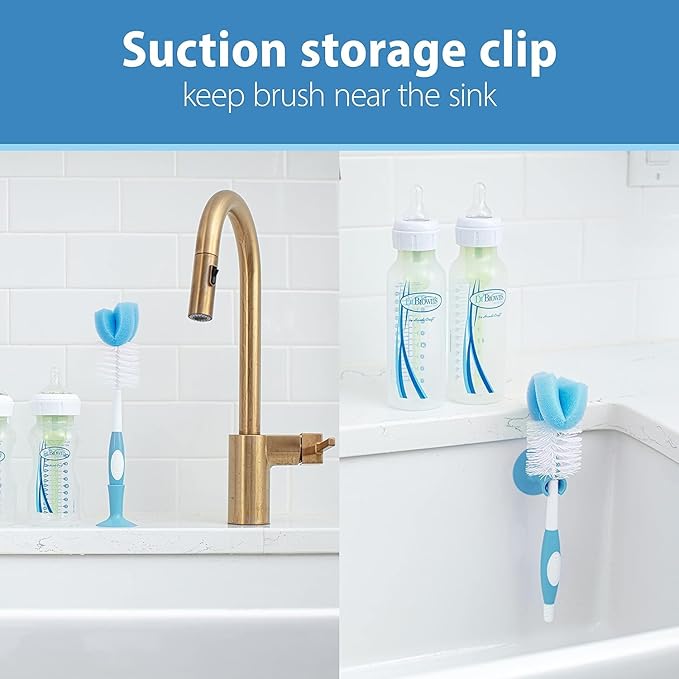 Dr. Brown's Drying Tower, Stand-Up Rack with Reusable Sponge Baby Bottle Cleaning Brush Set, 3-Pack, Blue