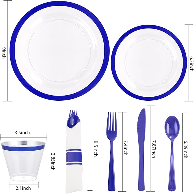 Liacere 350PCS Blue Plastic Plates - Clear with Blue Trim for 50Guests Dinnerware Include 100 Clear Plates disposable 150 Silverware 50Napkins for Wedding＆party&Graduation&Independence Day