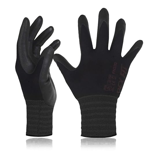 DEX FIT Nitrile Work Gloves FN330, 1 Pair, 3D-Comfort Stretchy Fit, Firm Grip, Thin & Lightweight, Touch-Screen Compatible, Durable, Breathable & Cool, Machine Washable; Black XL (10)