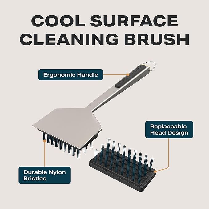 Current® Cleaning Brush with Replaceable Head - Durable Nylon Bristles, Ergonomic Handle, Dishwasher Safe, Made for Cool Surfaces, Ideal for Grills, Griddles, and Pizza Stones