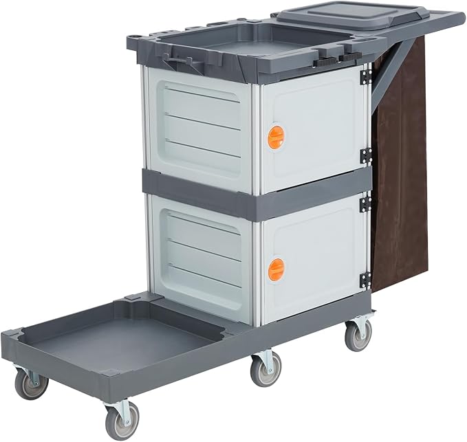 Commercial Janitorial Cart with 2 Cabinet, Cleaning Cart On Wheels, Housekeeping Caddy with Cover, Shelves, and Vinyl Bag, Hotel Housekeeping Room Hand Push Utility Service Cart