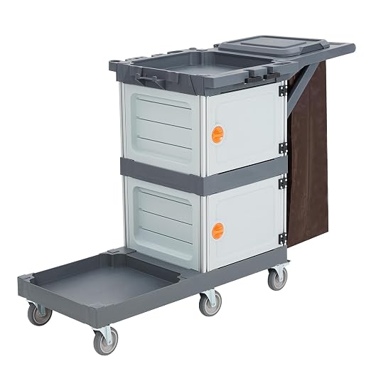 Janitorial Cart with 2 Cabinet, Commercial Traditional Janitorial 3-Shelf Cleaning Cart On Wheels with Cover and Vinyl Bag, for Housekeeping Hotels Apartment