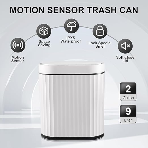 ELPHECO Bathroom Trash Can with Lid 2 Gallon Small Sensor Garbage Can, Slim Smart Trash Bin, Waterproof Automatic Wastebasket, Narrow Plastic Garbage Bin for Bathroom, Kitchen, Office, Black White