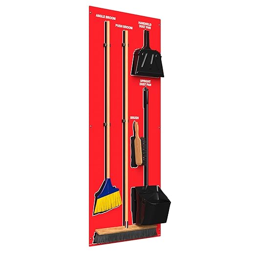 Clean & Sweep 5S Shadow Board/Wall Mount Broom Holder, 68" x 30" Board, 5S Cleaning Station - with Broom and Dustpan Set Included, Made in The USA by AccuformNMC, Red/Black, PSB116RDBK