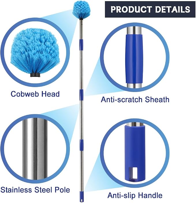 Extended Reach Cobweb Duster with 8-Foot Pole - Medium Bristle Brush for Ceiling, Wall, and Indoor/Outdoor Cleaning, Lightweight Stainless Steel (8 FT)
