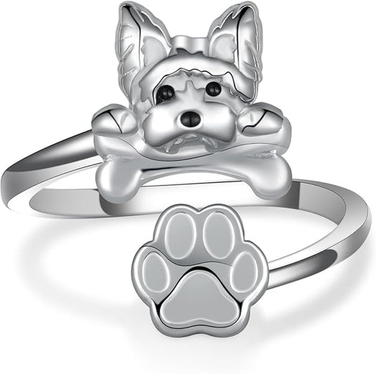 Dog Ring for Women Sterling Silver Yorkie/Pug Ring Dog Jewelry for Women