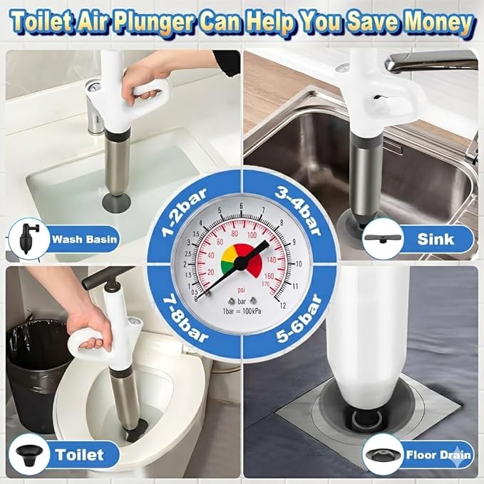 Toilet Plunger,High Pressure Toilet Plunger Heavy Duty,Toilet Auger Air Drain Blaster with Pressure Gauge,Toilet Unclogger for Bathroom and Plumbing Clogs