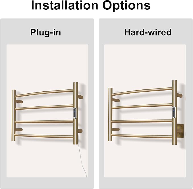 Towel Warmer Bathroom Wall Mounted Drying Rack Plug-in Electric Heated Towel Rack Stainless Steel Gold with Timer & Temperature Control 4 Bar