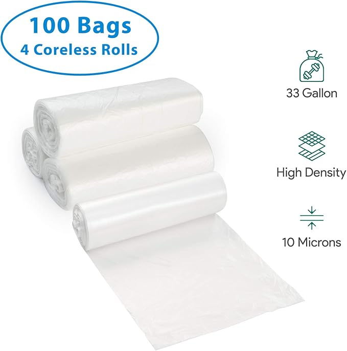 33 Gallon Clear Garbage Can Liners, 100 Count - 30-40 Gallon Large Trash Can Liners - High Density, Thin, Lightweight, 10 Microns - For Office, Home, Hospital, Wastebaskets -4 Coreless Rolls