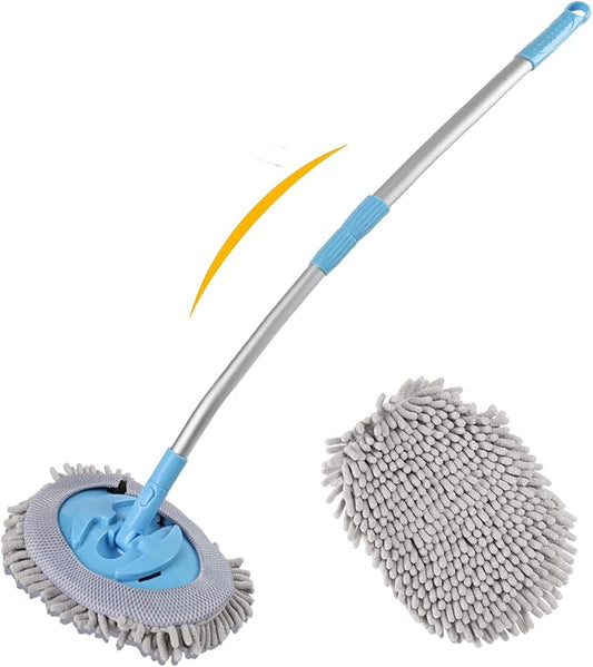15° Curved Car Wash Brush with 43" Telescopic Handle, Microfiber Chenille Car Wash Mop for RV, SUV, Truck & Boat – Soft Scratch-Free Extendable Cleaning Tool (Light Blue&Silver Gray)
