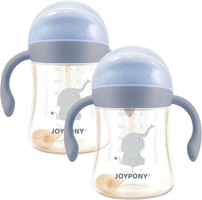 Joypony Sippy Cups for Toddlers 1-3, Spill Proof Weighted Straw Cup with Handle for Baby 6 Months + old, 2 Pack, Total 4 Silicone Straws, PPSU, BPA Free, 9 oz (Blue)
