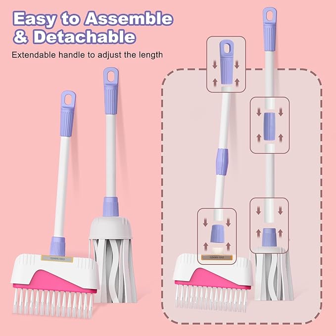Toddler Cleaning Set, Kids Cleaning Carts Toy Set, Detachable Kids Mop Broom Set for Toddlers - Pretend Play Educational Toy (Pink)