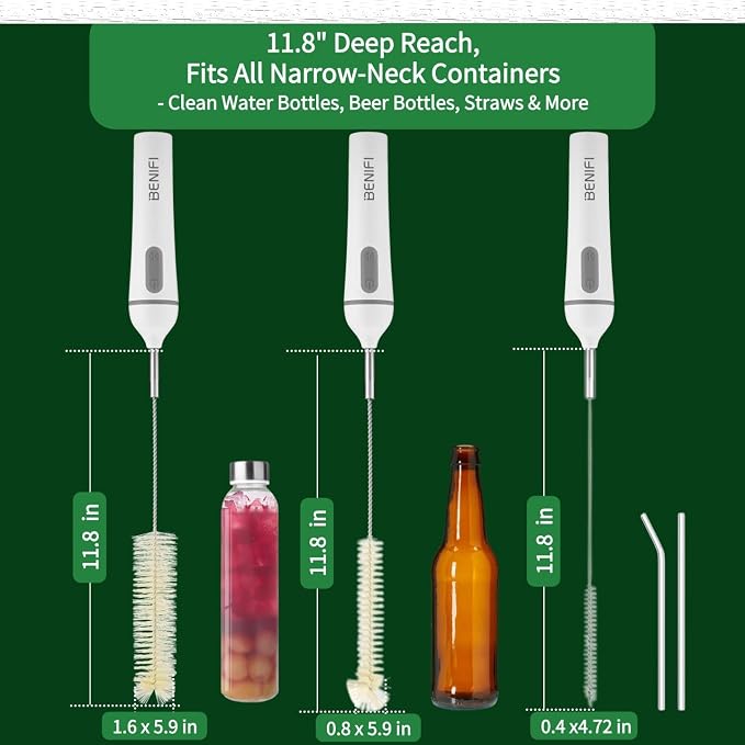Electric Bottle Brush Cleaner, Fully Waterproof 11.8" Deep Reach Bottle Brush with 6 Brush Heads & Storage Stand, Rechargeable Bottle Cleaner for Water Bottles, Wine Decanters, Glass Pitcher & Straws