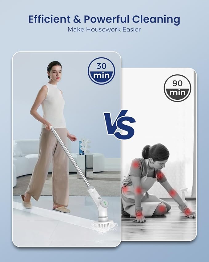 Electric Spin Scrubber, VEWIOR Shower Crubber Electric with Long Handle for Cleaning, IPX6 Waterproof Bathroom Scrubber with 3 Replaceable Brush Heads for Bathroom, Kitchen Cleaning