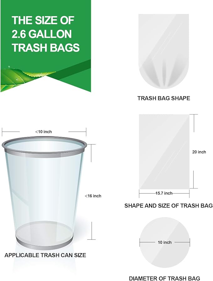 FORID Clear Small Trash Bags, 2.6 Gallon Garbage Bags, Wastebasket Bin Liners 330 Count Plastic Trash Bags for Bathroom Bedroom Office Garbage Can 10 Liters - Durable & Thick Trash Bag