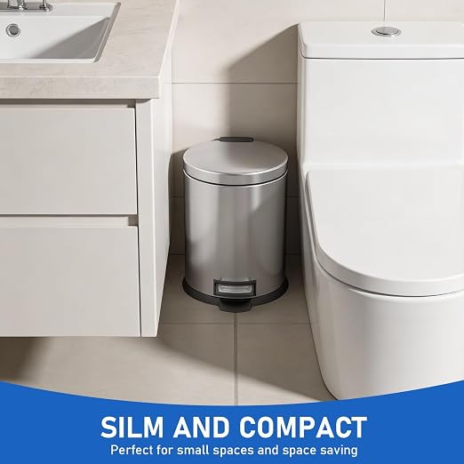 SIMPLYKLEEN Bathroom Trash Can with Lid - 2PC 1.3 Gallon/5L Oval Small Trash Can with Soft-Close Lid, Foot Pedal, Brushed Stainless Steel, Removable Liner, Garbage can for Kitchen, Office, Home Silver