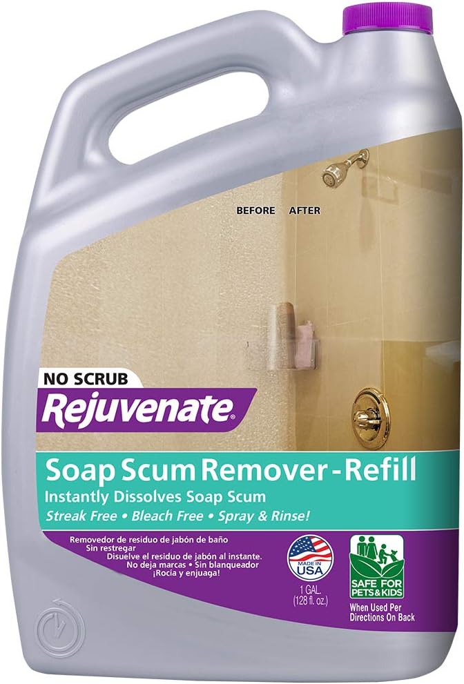Rejuvenate Scrub Free Soap Scum Remover Cleaning Formula & Scrub Free Soap Scum Remover Shower Glass Door Cleaner Works on Ceramic Tile, Chrome, Plastic and More (2 Bottles x 24oz)
