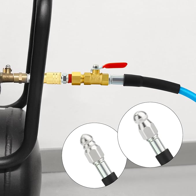 GASHER 23feet Home Dryer Vent Duct Cleaning Kit, 2 Jetter Nozzle, 1/4" NPT Ball Valve, 1/4" NPT Air Plug, 1/4"NPT Reducer Adapter