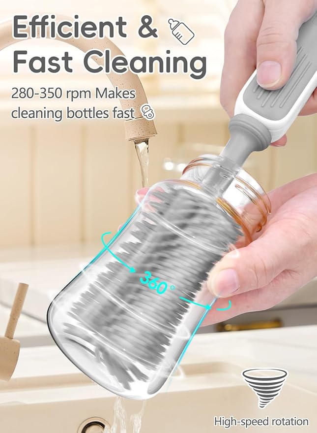 Yasew Electric Bottle Brush Cleaner, Baby Bottle Brush Travel Set, 360° Efficient Cleaning, 2000 mAh Battery, Travel Bottle Brush Set with Drainage Rack and Storage Box, Baby Travel Essential Grey