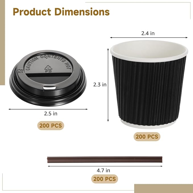 200 PCS Disposable Espresso Cups with Lids and Straws, 4 oz Paper Espresso Cups, Double-Layer Insulated Ripple Wall Cup for Hot Drinks, Convenient and Hygienic for Parties and Events
