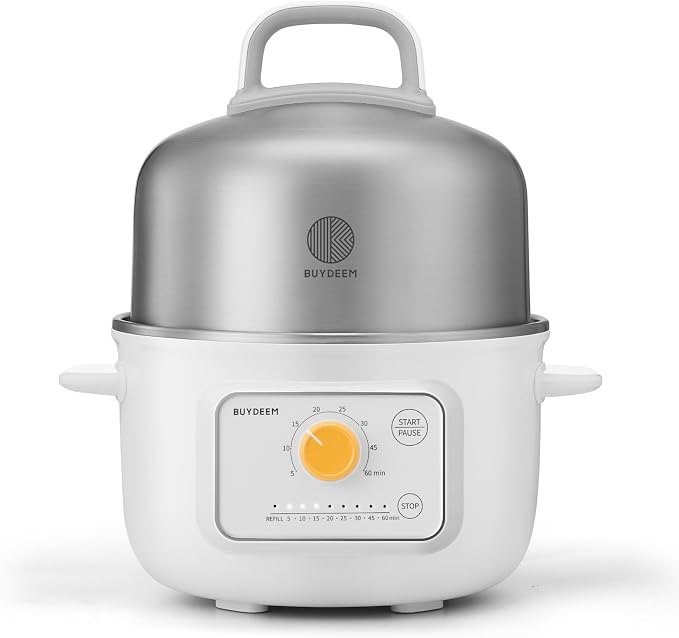 BUYDEEM G32 Electric Food Steamer 1.6QT, Stainless Steel Steamer for Vegetable Egg Seafood, 8 Time Settings, Triple Dry Protection, Quick Steam, Healthy Cooking for 1-2 Servings, Arctic White