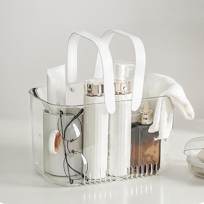 Plastic Storage Basket with Handle Portable Shower Caddy Tote Organizer Basket Bin for Bathroom, Shower Caddy Basket, Large Capacity Hollow Design Clear Shower Caddy Organizer Basket