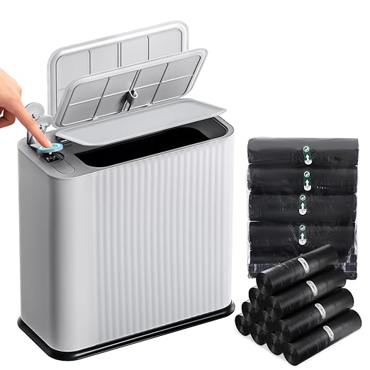 Bathroom Trash Can with Lid 13 Liter/ 3.5 Gallon Grey Trash Can with Pop-Up Lid Bedroom Trash Can Small Garbage Can with 150 Counts Trash Bags for Small Bathroom Bedroom Office