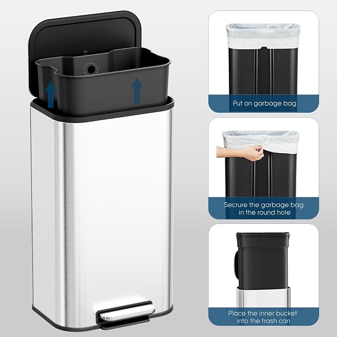 8 Gal/13.2 Gal Stainless Steel Kitchen Trash Can, Step Garbage Can with Soft-Close Lid & Removable Inner Bucket, Fingerprint-Proof Waste Bin with Wide Non-Slip Pedal for Home Office Bathroom