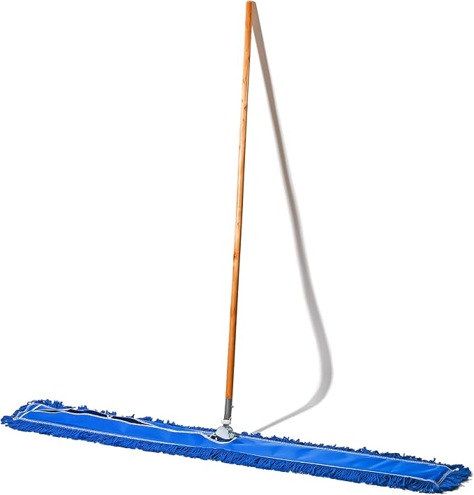 Commercial Dust Mop & Floor Sweeper, 60 in. Dust Mop for Hardwood Floors, Reusable Dust Mop Head, Wooden Broom Handle, Industrial Dry Mop for Floor Cleaning and Janitorial Supplies, Blue