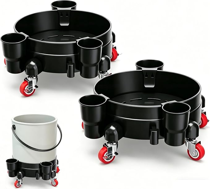 Heavy-Duty Bucket Dolly with Wheels,5 Gallon Bucket Roller with Locking Casters & Secure Clamp,Rolling Bucket Cart for Cleaning, Gardening,Industrial Use,300Lbs,Equipped with three detachable brackets