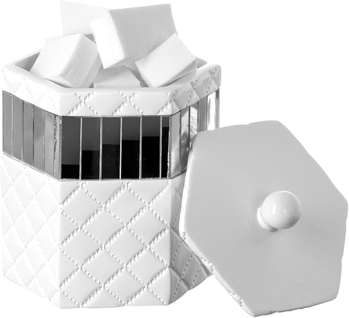 Creative Scents Quilted Mirror Q-Tip Holder, Decorative Bathroom Vanity Cotton Swab Holder Canister Jar With Lid for Cotton Balls, Durable Resin Cosmetic Pads & Swabs Container