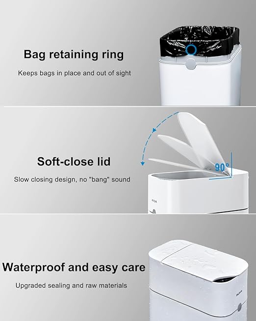 CTIME Touchless Automatic Bathroom Trash Can with Lid - 3 Gallon Slim Motion Sensor Garbage Can for Bedroom, Kitchen, Office - White (6" W x 11" L x 13" H)