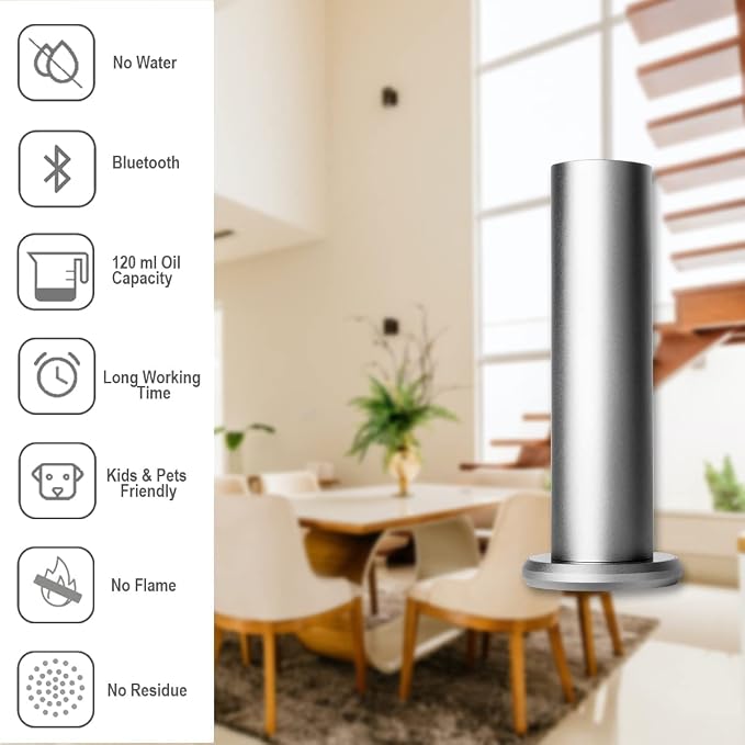 Bluetooth Essential Oil Diffuser for Aromatherapy Oils, Waterless Fragrance Diffuser, Cold-Air Diffusion Scent Air Machine for Home, Office (Silver)