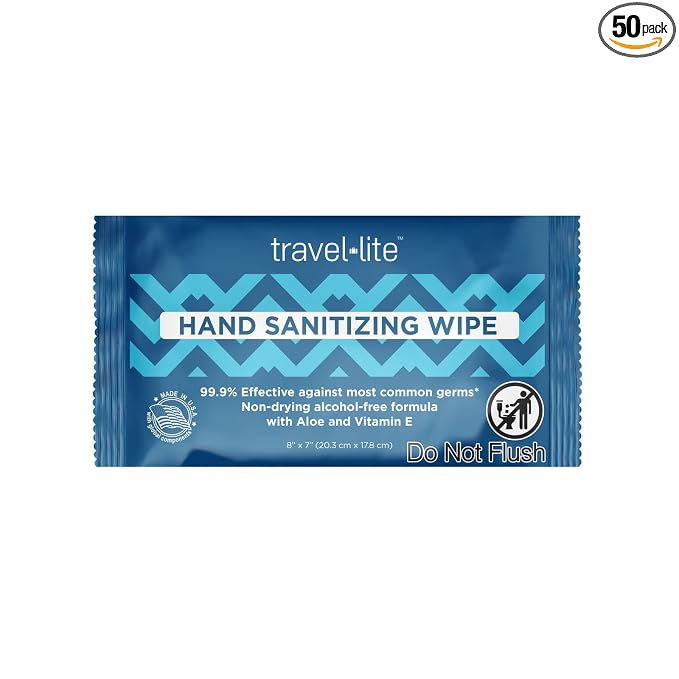 Travel Lite Alcohol-Free Hand Wipes with Aloe Vera and Vitamin E, Fresh Scent 50ct Individually Wrapped Travel Essentials Wipes for Adults and Kids