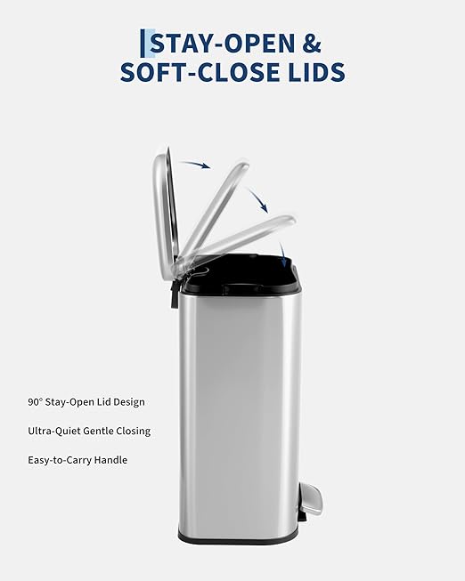 5.3 gal/20L Stainless Steel Kitchen Trash Can, Step-on Recycling Bin with Soft Close Lid, Removable Inner Bucket, Rectangular Wastebasket for Office Living Room, Silver