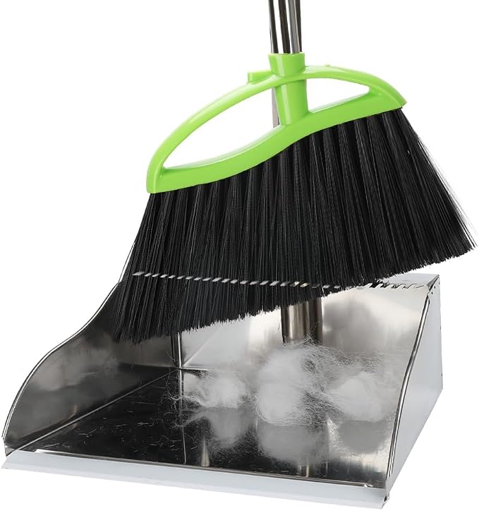 Soft Bristles Broom and Dustpan Set,Metal Dustpan with Indoor Broom, Green Angle Broom with Stand Up Dustpan for Hardwood Kitchen Floor Sweeping