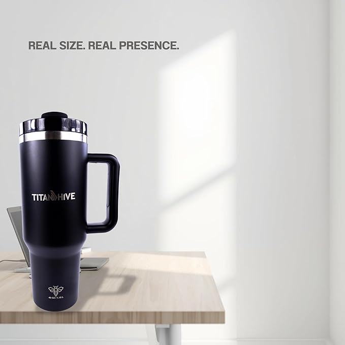 40 oz Insulated Stainless Steel Tumbler with Handle and Straw - Leak Resistant, Cup Holder Friendly Travel Mug (Matte Black)