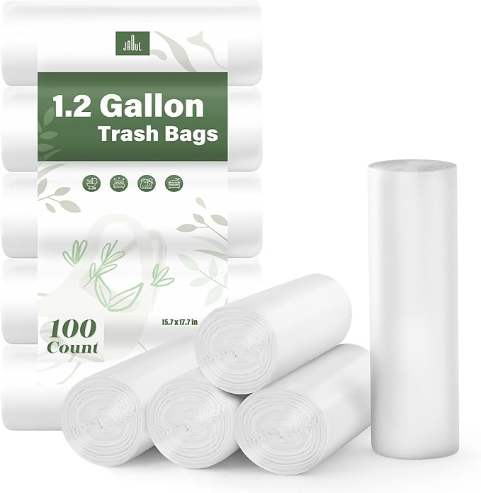 Jaoul 1.2 Gallon Trash Bags, Unscented Strong Small Trash Bags Bathroom, Small Garbage Bags for Bathroom Can, White Trash Can Liners 100 Count